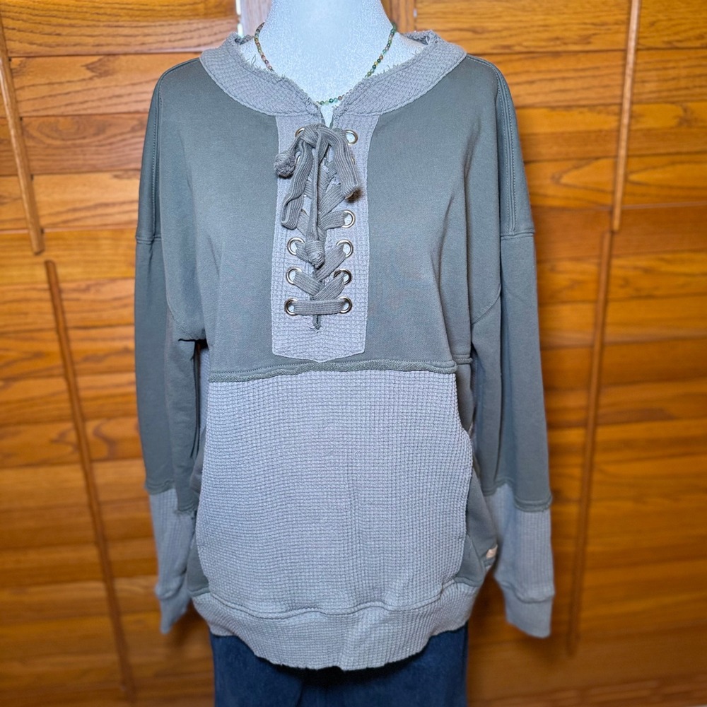 BKE Women Olive Green Waffle Knit Lace Up Sweatshirt Size Small